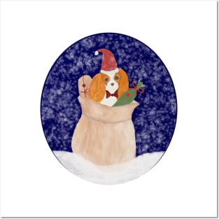 Snowy Santa Cavalier King Charles Spaniel bringing Christmas presents Posters and Art